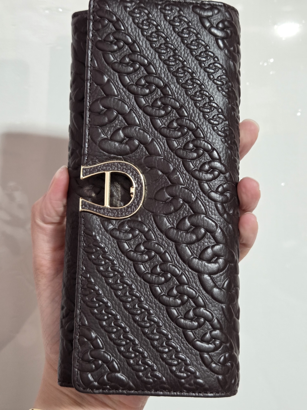 Etienne Aigner Dark Brown Embossed Leather Long Wallet with Gold Aigner Clasp